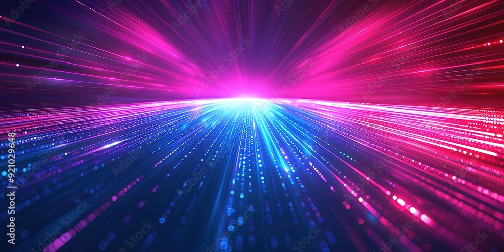 Abstract purple and blue lines with glowing dots converge in the center. Abstract purple and blue lines with glowing dots converge in the center.