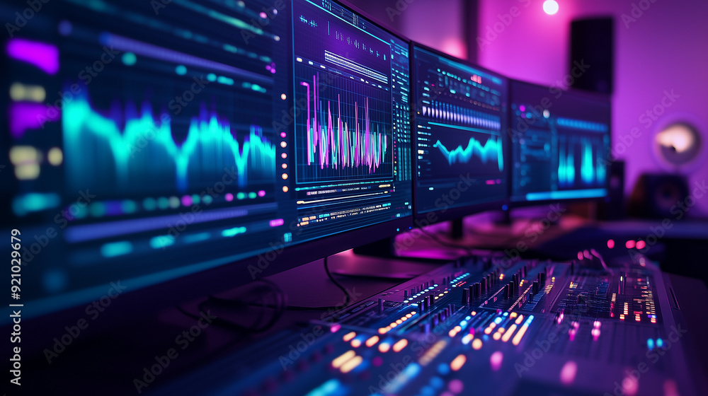 High-Tech Audio Production Studio with Multiple Monitors and Software Interfaces High-Tech Audio Production Studio with Multiple Monitors and Software Interfaces