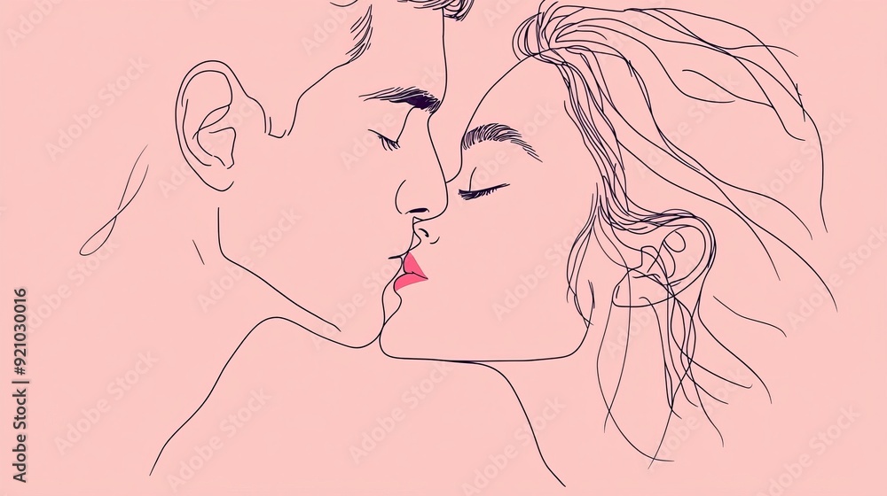 Digital line art of a couple sharing a gentle kiss Digital line art of a couple sharing a gentle kiss