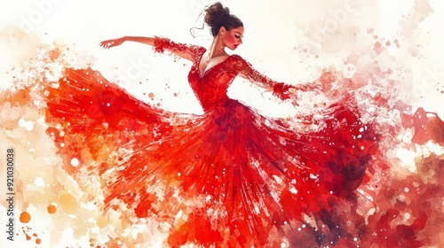 A graceful dancer in a vibrant red gown, capturing the elegance and beauty of movement in a watercolor style.