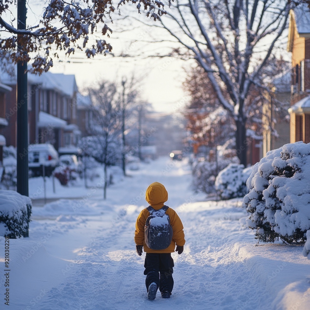 Child walking home from school in the snow. Child walking home from school in the snow.