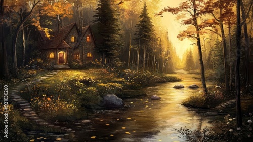 Wallpaper Mural A serene autumn scene featuring a cozy cabin beside a tranquil river, surrounded by vibrant foliage and warm golden light. Torontodigital.ca