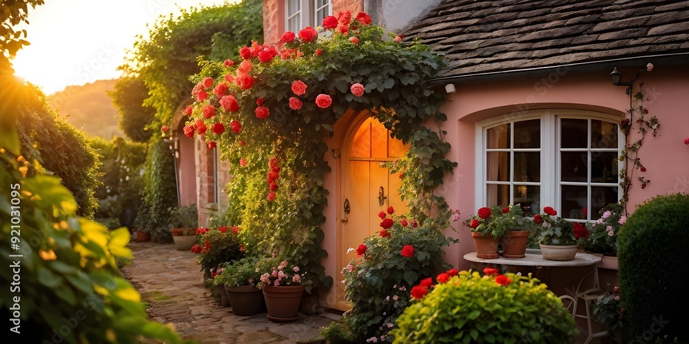 Plain Little tiny house in a floral garden with blooming flowers Plain Little tiny house in a floral garden with blooming flowers