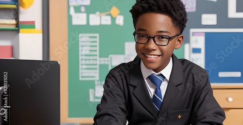 Black schoolboy in uniform in the classroom with books, backpacks, sitting at their desks. Blackboard on the background. Back to school concept.