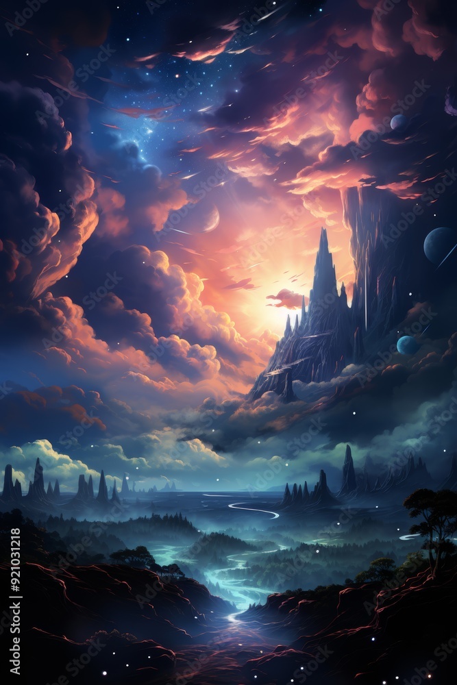 Ethereal cosmic landscapes in vibrant colors with stars and celestial bodies.
Ethereal cosmic landscapes in vibrant colors with stars and celestial bodies.
