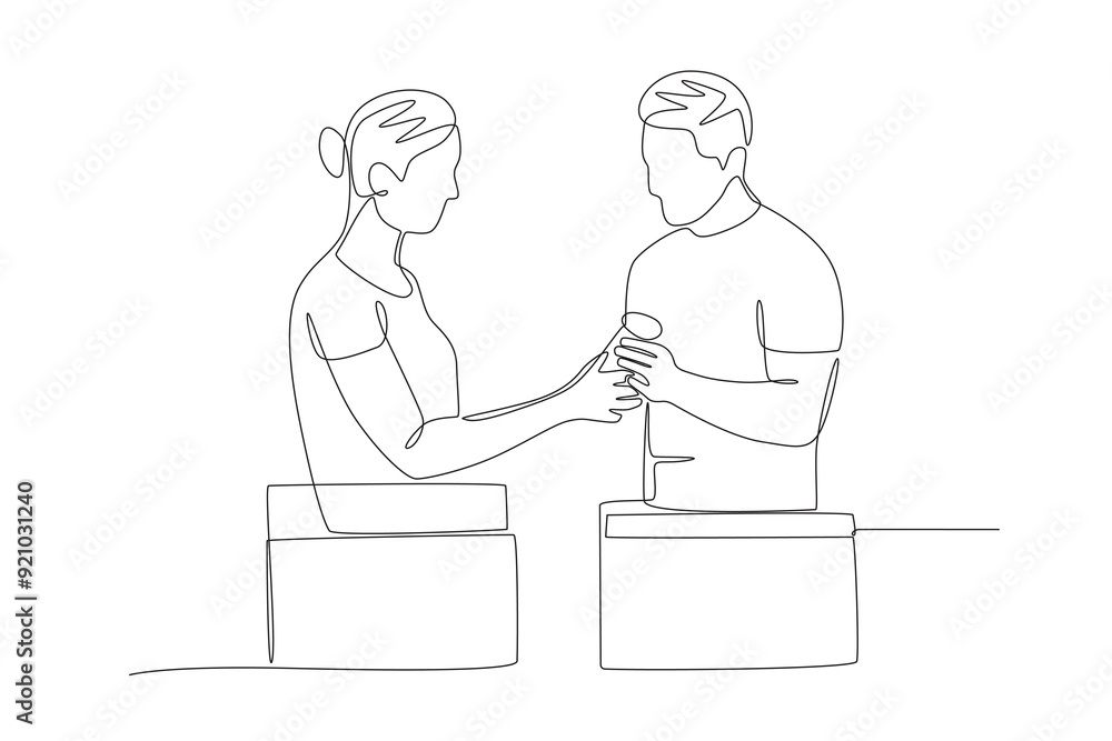 Two volunteers are preparing donations. Volunteering concept one-line drawing Two volunteers are preparing donations. Volunteering concept one-line drawing