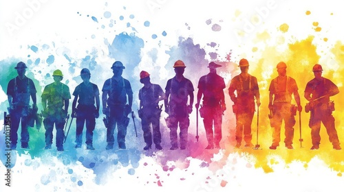 Wallpaper Mural Silhouetted construction workers stand against a vibrant watercolor background, showcasing teamwork and dedication in the industry. Torontodigital.ca