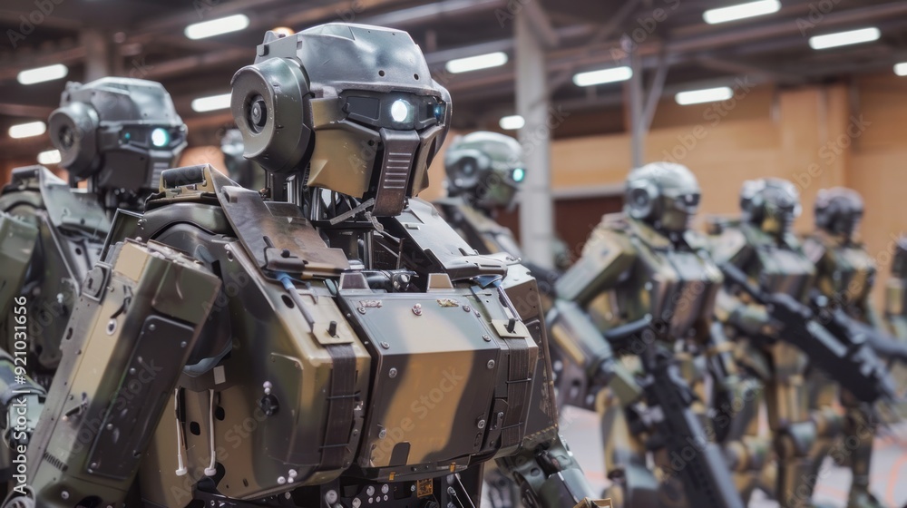 Combat robots - military robots that resemble humans. Install guns and sensors all around. Standing in a training area in a military laboratory. Combat robots - military robots that resemble humans. Install guns and sensors all around. Standing in a training area in a military laboratory.
