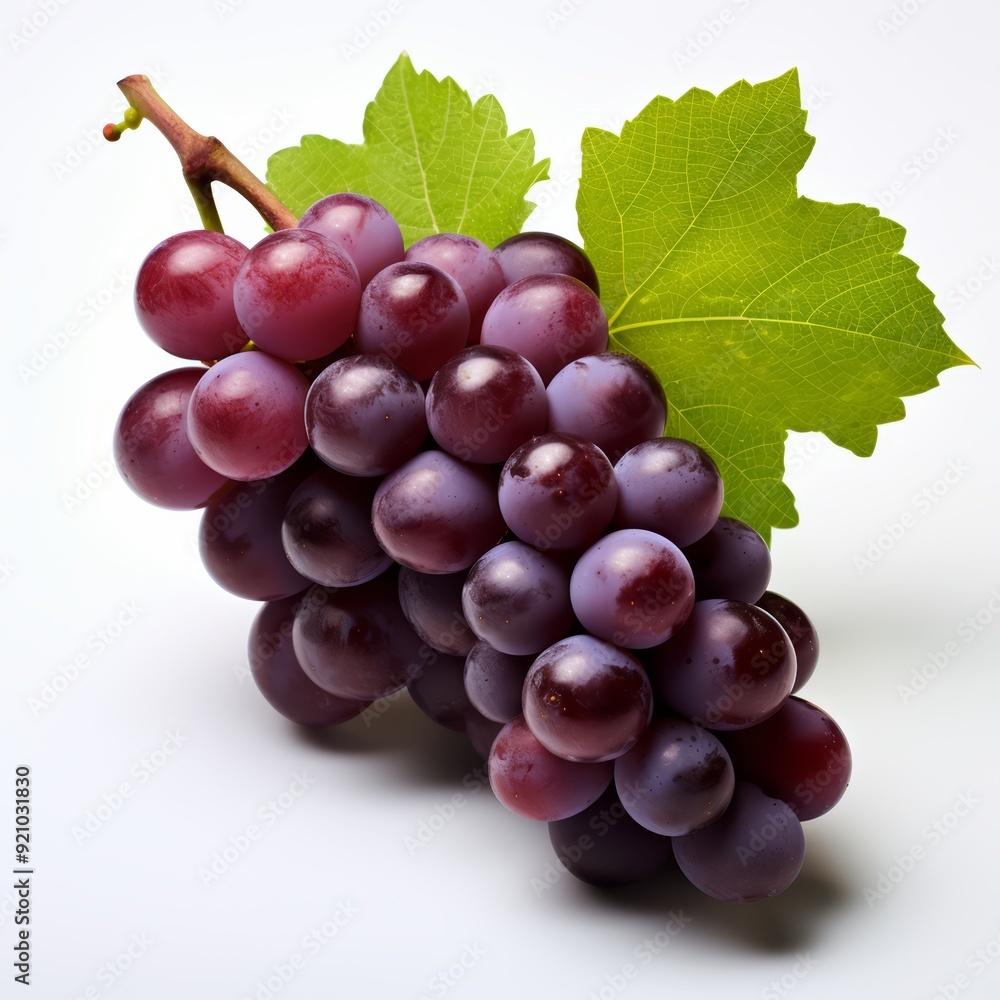 Fototapeta premium A bunch of red grapes with a green leaf on a white background.
