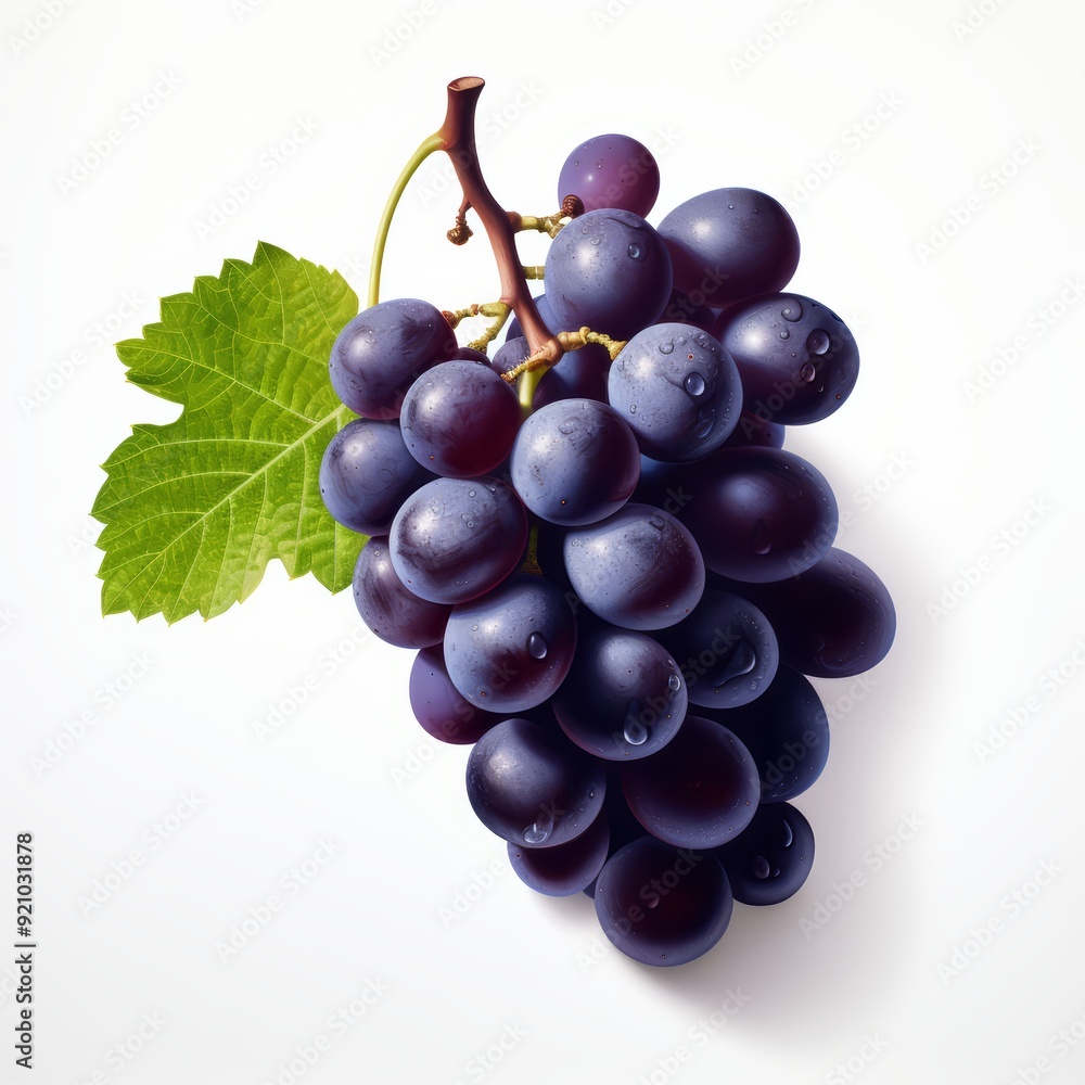 A bunch of red grapes with water droplets on them, with a green leaf, isolated on a white background. A bunch of red grapes with water droplets on them, with a green leaf, isolated on a white background.