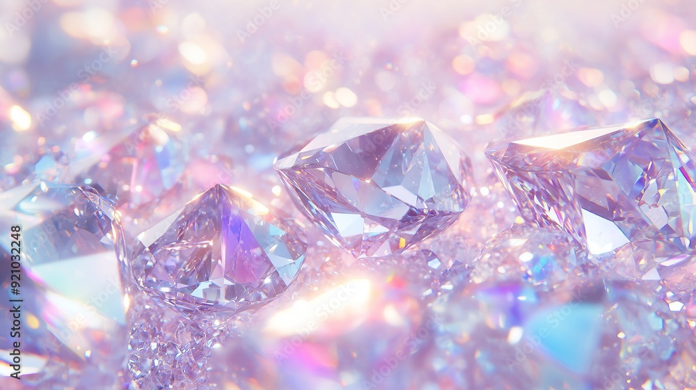 A lot of transparent sparkling diamonds against a pastel background. A lot of transparent sparkling diamonds against a pastel background.