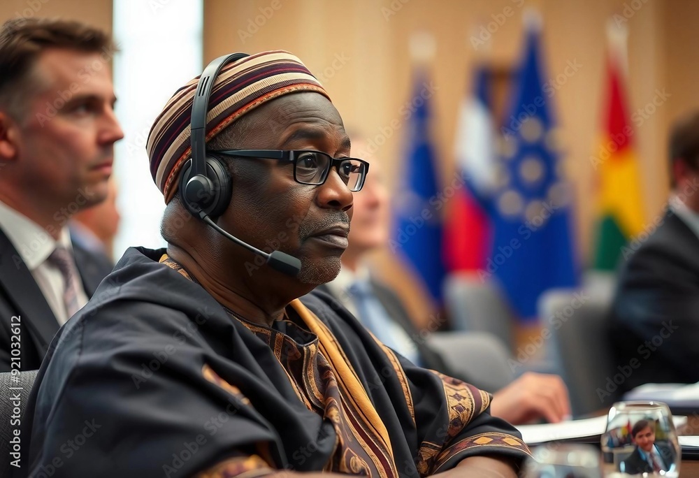 At a EU conference, an African senator in traditional attire engages with the proceedings, highlighting cultural elegance and collaboration. At a EU conference, an African senator in traditional attire engages with the proceedings, highlighting cultural elegance and collaboration.