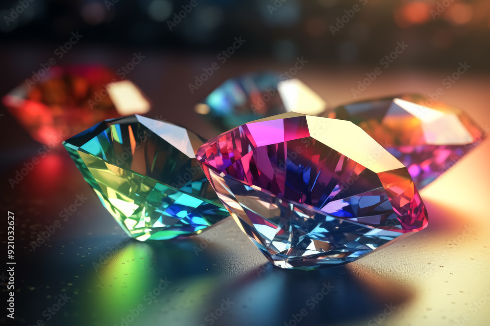 A row of colorful diamonds are displayed on a table. The diamonds are of different colors, including blue, green, red, and yellow. The arrangement of the diamonds creates a visually appealing A row of colorful diamonds are displayed on a table. The diamonds are of different colors, including blue, green, red, and yellow. The arrangement of the diamonds creates a visually appealing