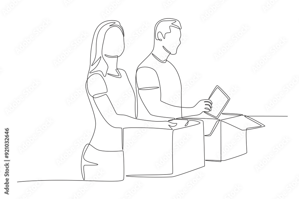 Two volunteers packing donations. Volunteering concept one-line drawing Two volunteers packing donations. Volunteering concept one-line drawing