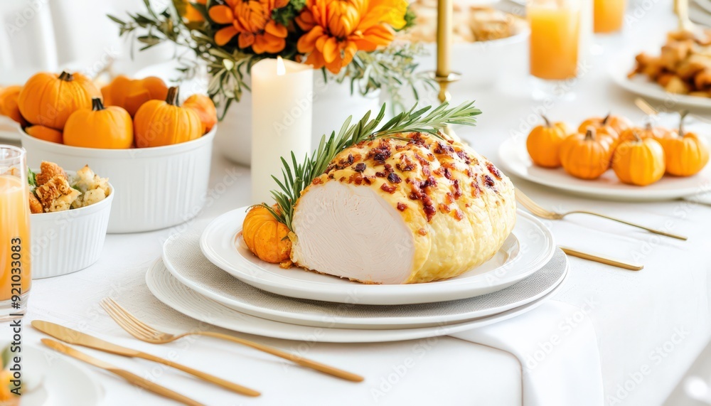 Elegant Thanksgiving table setting with roasted turkey and pumpkin decoration, perfect for festive family gatherings and celebrations. Elegant Thanksgiving table setting with roasted turkey and pumpkin decoration, perfect for festive family gatherings and celebrations.