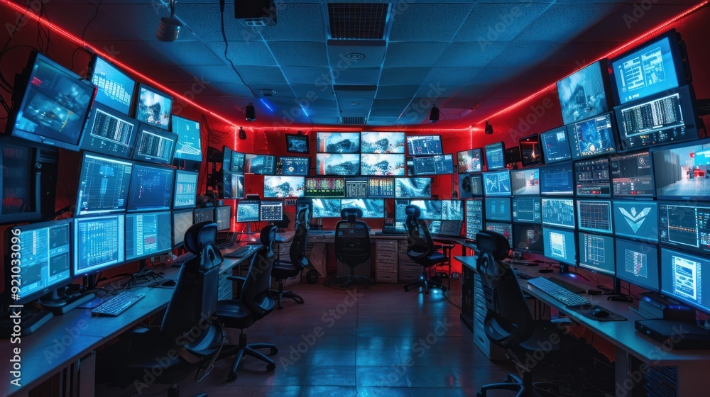 Operations Control Room - A room filled with monitors and computer equipment. Authorities are monitoring and controlling cyber operations to prevent enemy attacks. Operations Control Room - A room filled with monitors and computer equipment. Authorities are monitoring and controlling cyber operations to prevent enemy attacks.