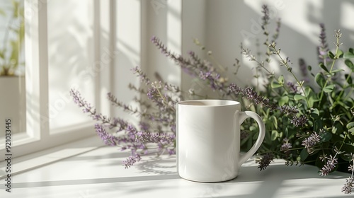 A white mug with a sprig of lavender sits on a window sill bathed in sunlight.