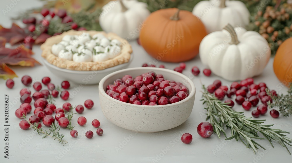 Festive autumn arrangement with pumpkins, pie, cranberries, and herbs, showcasing the seasonal harvest and flavors on a white background. Festive autumn arrangement with pumpkins, pie, cranberries, and herbs, showcasing the seasonal harvest and flavors on a white background.