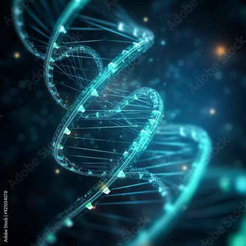 A blue DNA strand with a green background. The strand is twisted and has a spiral shape. Concept of complexity and intricacy, as DNA is a fundamental building block of life