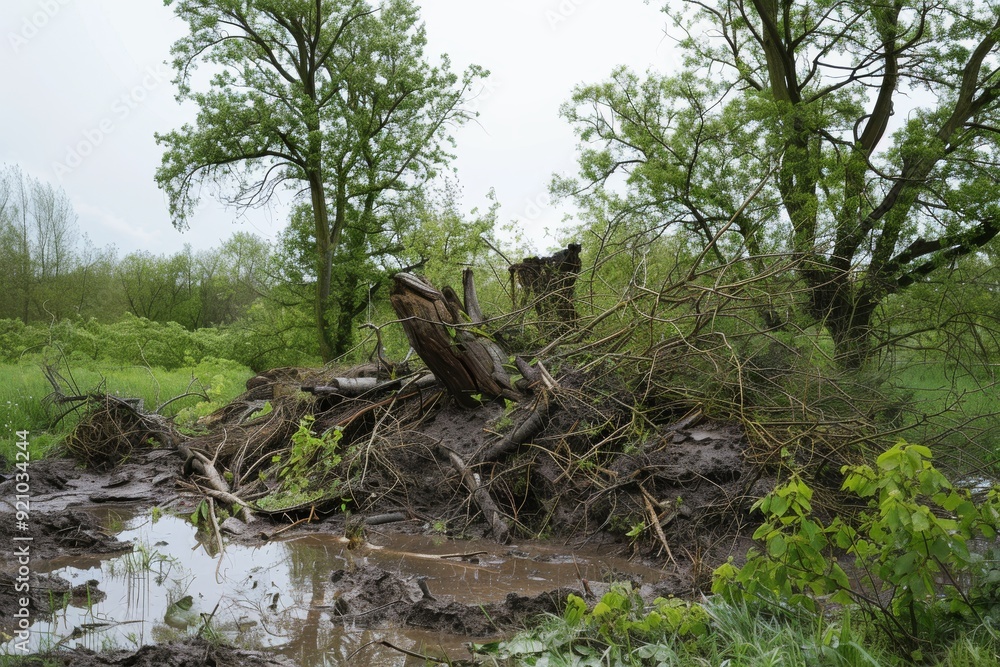 Trees uprooted and toppled over, An uprooted tree lies on the ground, its roots exposed and the trunk resting horizontally against the earth, AI generated Trees uprooted and toppled over, An uprooted tree lies on the ground, its roots exposed and the trunk resting horizontally against the earth, AI generated