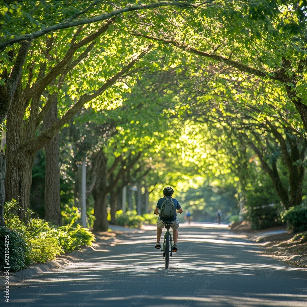 Cyclist Riding Through Tree Tunnel. Cyclist Riding Through Tree Tunnel.