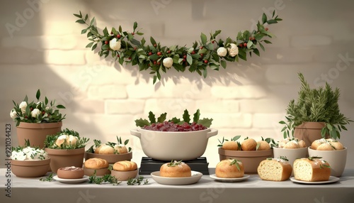 Wallpaper Mural Festive Christmas dinner table with elegant decorations, fresh bread and a centerpiece pot for holiday celebration. Torontodigital.ca