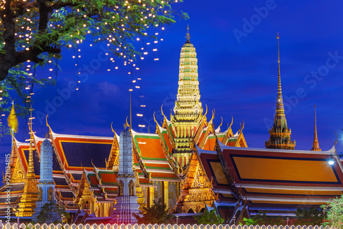 Twilight view of Wat Phra Kaew temple or The Temple of the Emerald Buddha or Wat Phra Si Rattana Satsadaram Landmark of Thailand