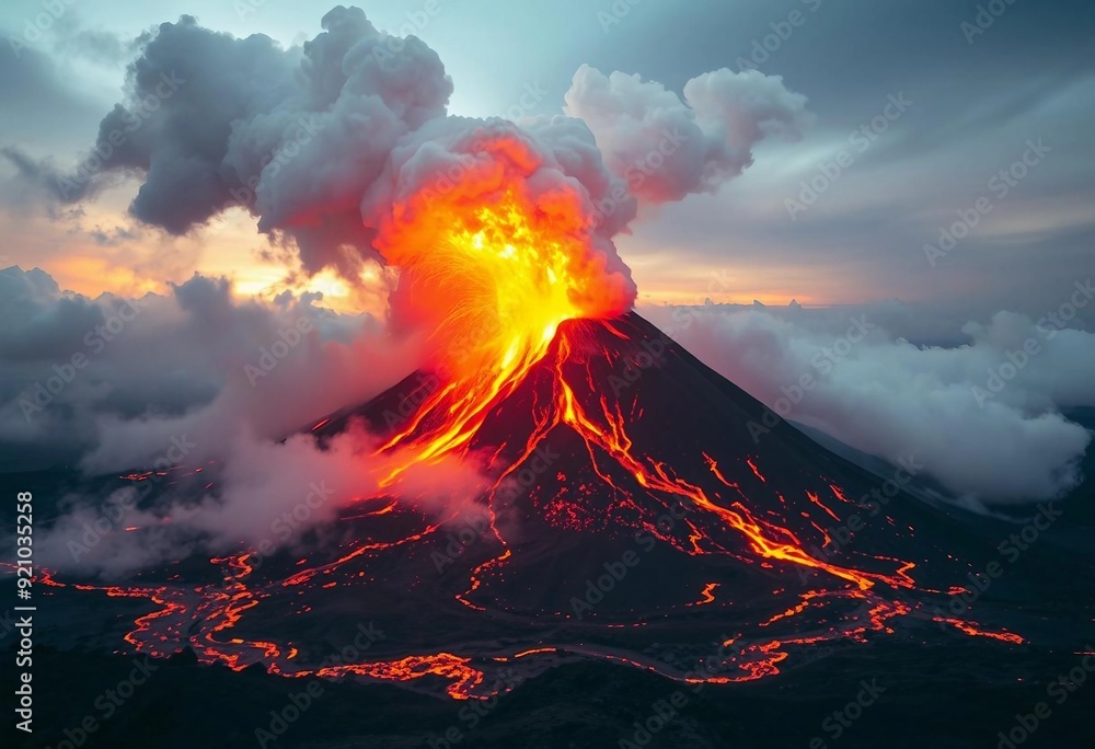 Erupting volcano with lava flow and rising smoke. Erupting volcano with lava flow and rising smoke.