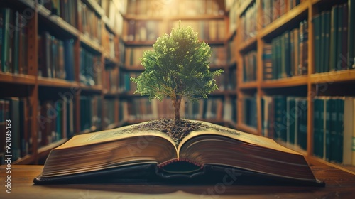 World philosophy day education concept with tree of knowledge planting on opening old big book in library with textbook, stack piles of text archive and aisle of