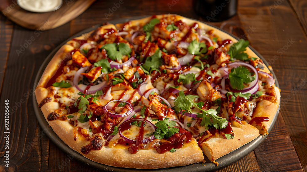 a BBQ chicken pizza, topped with red onions, cilantro, and a drizzle of BBQ sauce, set against a dark wooden background with a beer on the side a BBQ chicken pizza, topped with red onions, cilantro, and a drizzle of BBQ sauce, set against a dark wooden background with a beer on the side