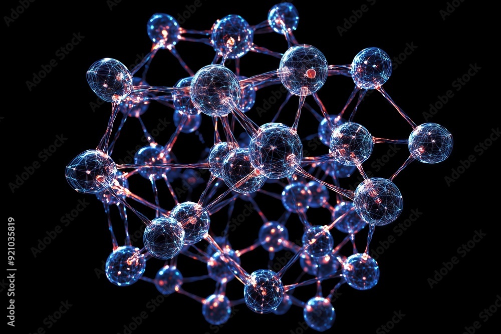 A cluster of blue and red spheres that are connected to each other A cluster of blue and red spheres that are connected to each other