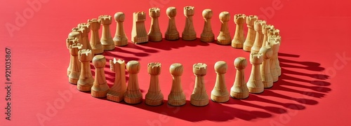 Chess pieces arranged in a circle on a red background, creating a symbolic image of unity, strategy, and teamwork.