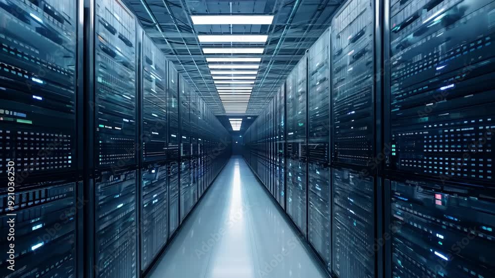 High-Tech Server Room: 4K Animation of Endless Data Servers with Twinkling Lights High-Tech Server Room: 4K Animation of Endless Data Servers with Twinkling Lights