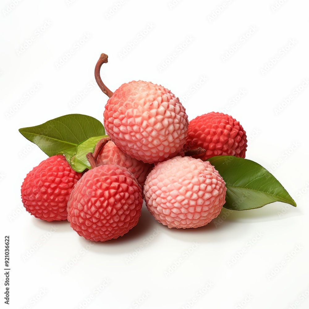 Close-up of fresh lychee fruits with leaves isolated on white background. Close-up of fresh lychee fruits with leaves isolated on white background.
