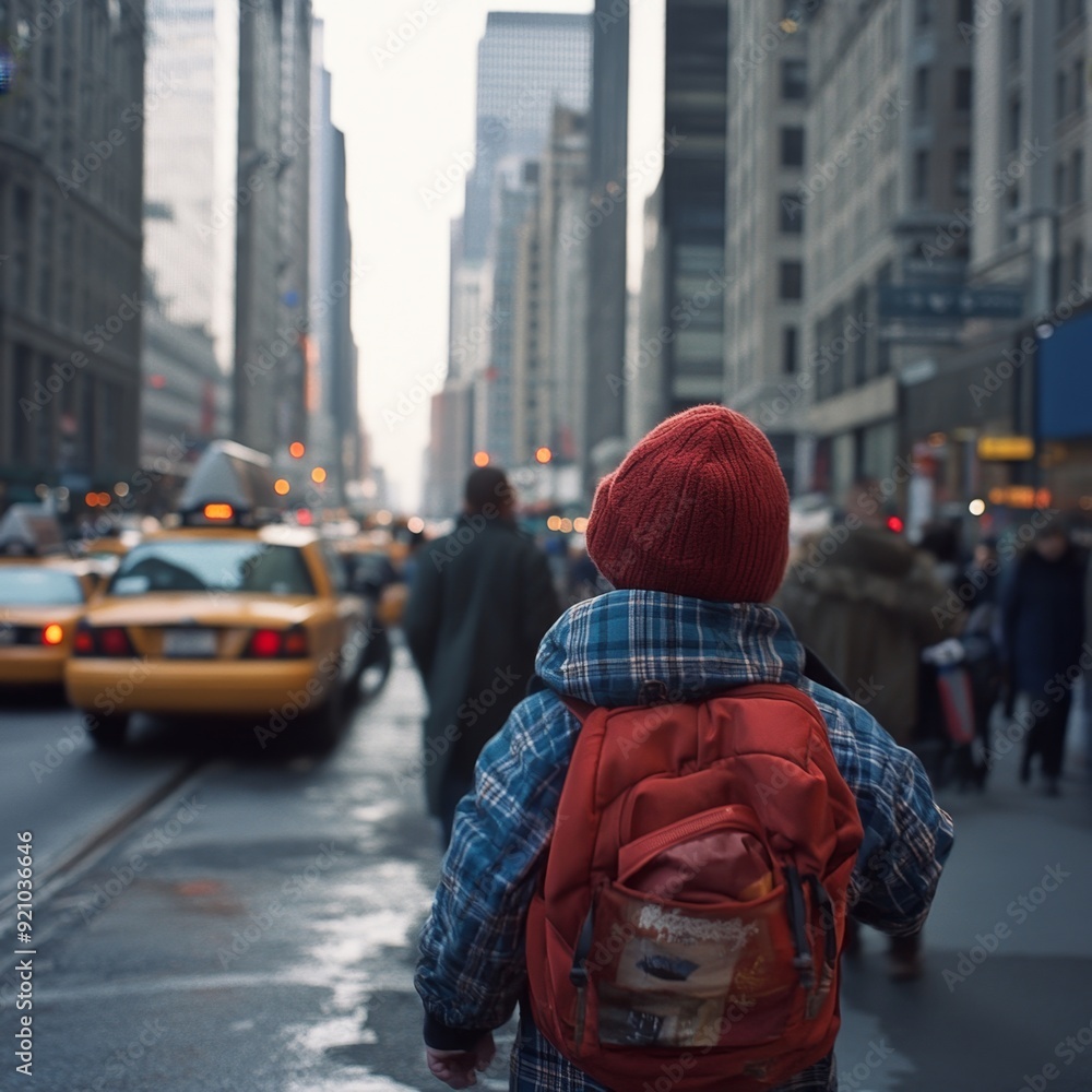 Young Boy Walking on City Street. Young Boy Walking on City Street.