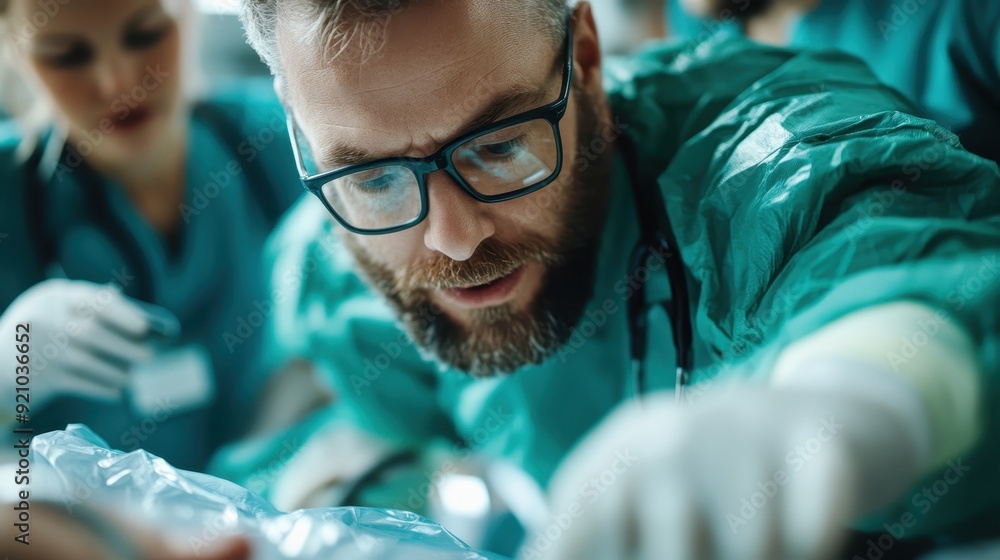 An intense and focused male surgeon in green scrubs and glasses performing a medical procedure with precision, assisted by attentive medical staff in a hospital setting. An intense and focused male surgeon in green scrubs and glasses performing a medical procedure with precision, assisted by attentive medical staff in a hospital setting.