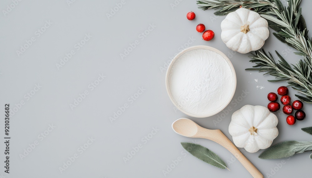 Flat lay of baking ingredients with rosemary, white pumpkins, cranberries, and a wooden spoon, perfect for holiday cooking inspiration. Flat lay of baking ingredients with rosemary, white pumpkins, cranberries, and a wooden spoon, perfect for holiday cooking inspiration.