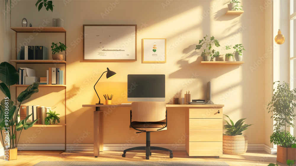 Workplace with computer, bookshelf and plant. 3D Rendering Workplace with computer, bookshelf and plant. 3D Rendering