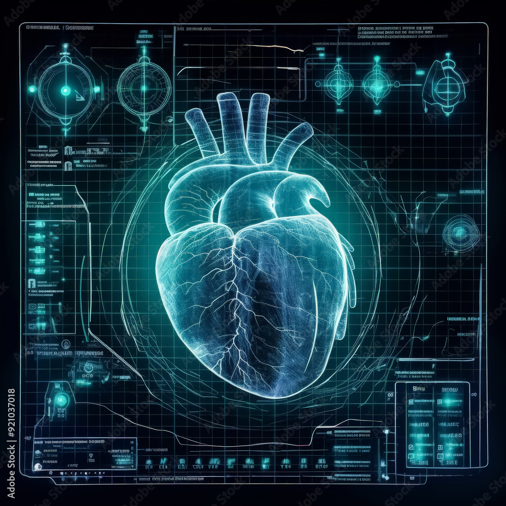 A heart is displayed on a computer screen with a lot of information surrounding it. The heart is surrounded by a circle of monitors, each displaying different data and information A heart is displayed on a computer screen with a lot of information surrounding it. The heart is surrounded by a circle of monitors, each displaying different data and information