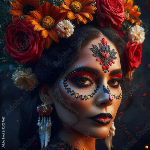 Beautiful woman with Halloween makeup, La Catrina, with Mexican-inspired flowers red, yellow and white