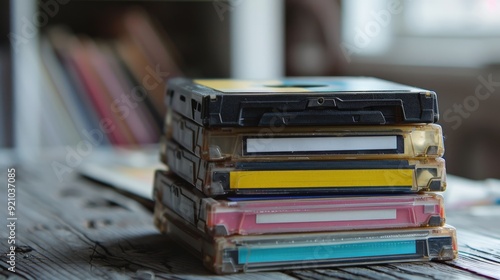 Stack of mixtapes with colorful labels for analog music sharing