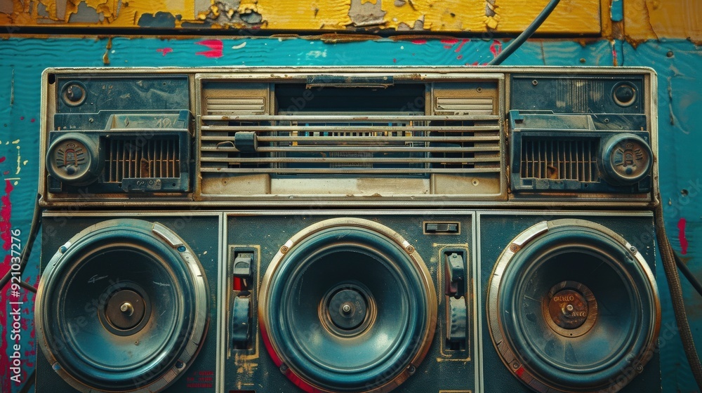 Fototapeta premium Retro boombox with cassette tapes, perfect for evoking memories of music on the go