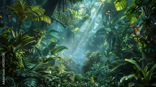 A lush rainforest teeming with diverse plant and animal species