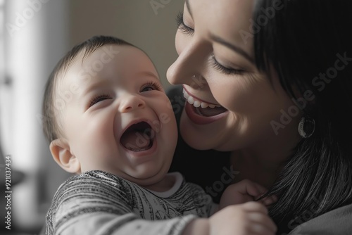 A woman is holding a baby and both of them are smiling. The baby is wearing a gray shirt and the woman has a black hair. Scene is happy and joyful photo