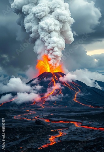 Erupting volcano with lava flow and rising smoke.