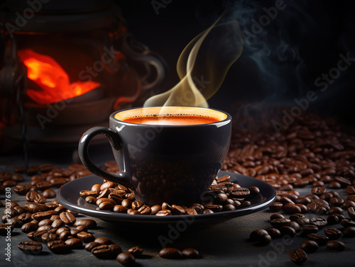 Eyecatching Coffee mill on the table with coffee beans around