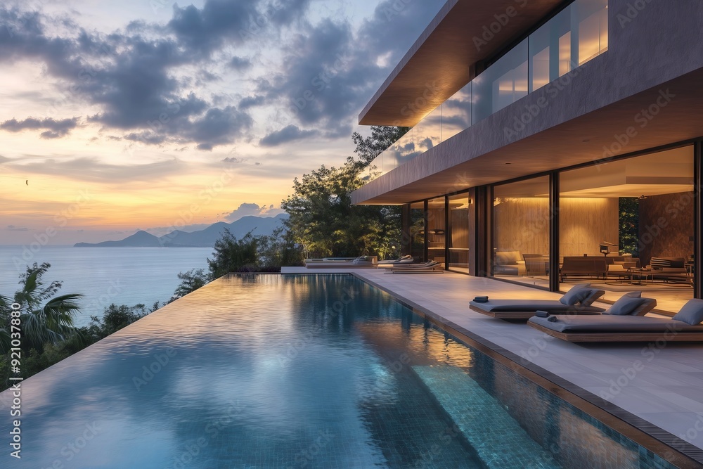 Fototapeta premium A large house with a pool and a view of the ocean. The pool is surrounded by lounge chairs and a few couches. The house is very large and has a lot of windows
