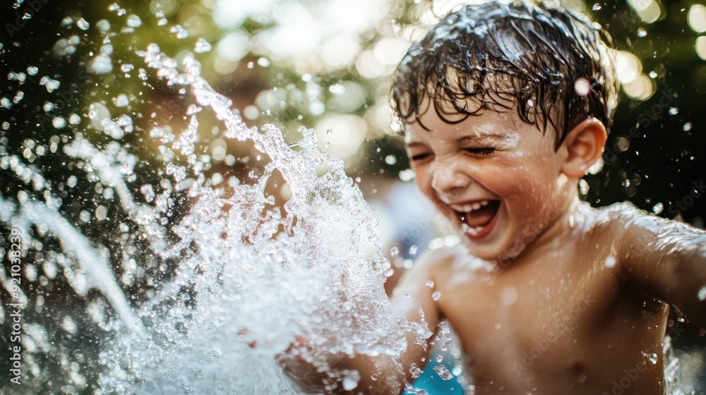 Obraz premium A joyful child laughing and splashing water outside, capturing the exuberance and lively energy of a carefree summer day, with bright sunlight and shimmering droplets.