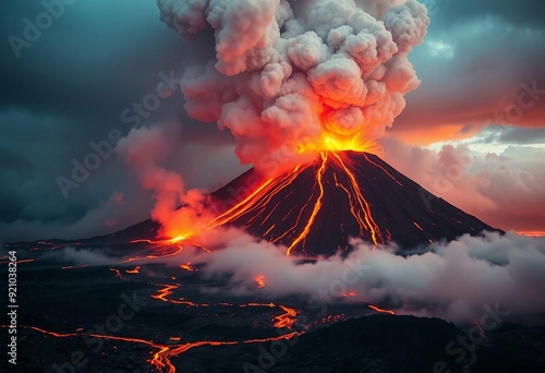 Erupting volcano with lava flow and rising smoke. photo