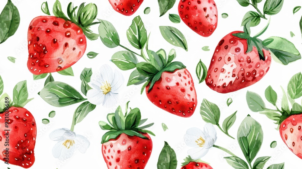 Watercolor seamless pattern of strawberries, leaves, and white flowers on a white background. Ideal for fresh, summery, and artistic designs. Watercolor seamless pattern of strawberries, leaves, and white flowers on a white background. Ideal for fresh, summery, and artistic designs.